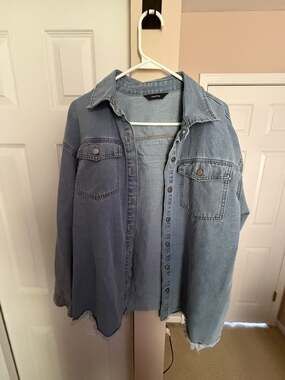 Dokotoo Denim Shacket Blue Distressed Frayed Hem